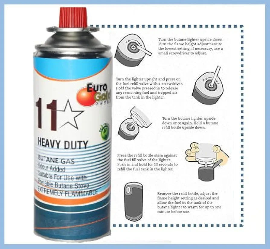 11-Star Butane Gas Canister | 225g Each can | Perfect Suitable for Camping Stove, to Refill Flame Lighters. Small Stove, Flame Torch, Welding Fuel Gas | Euro Gold Super