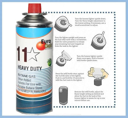 11-Star Butane Gas Canister | 225g Each can | Perfect Suitable for Camping Stove, to Refill Flame Lighters. Small Stove, Flame Torch, Welding Fuel Gas | Euro Gold Super