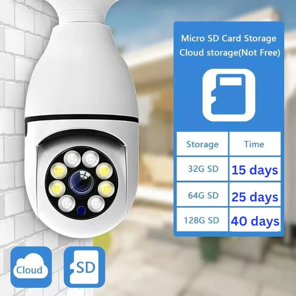 Wifi Smart CCTV Bulb Camera 1080P, Night Vision IP Camera, PTZ Camera, 4X Digital Zoom Monitor, Home Security System, WiFi Camera Full Color