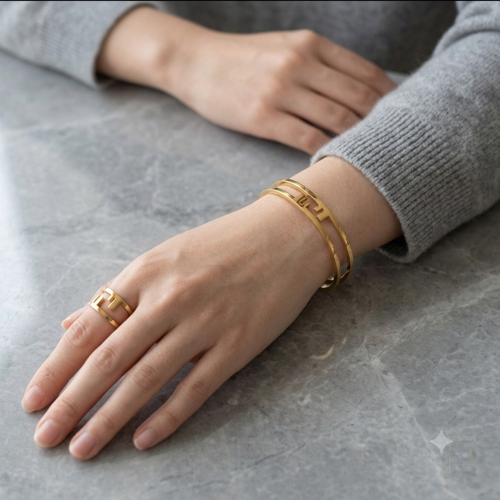 Gold-Finish Metal O'Lock Motif Cuff Bracelet  And Ring S5841893