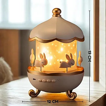 Multicolor LED Night Light Projector – 360° Rotating Starry Sky with Moon & Ocean Wave Effects – Bunny’s Carousel USB Lamp