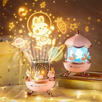 Multicolor LED Night Light Projector – 360° Rotating Starry Sky with Moon & Ocean Wave Effects – Bunny’s Carousel USB Lamp