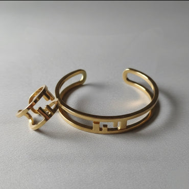 Gold-Finish Metal O'Lock Motif Cuff Bracelet  And Ring S5841893