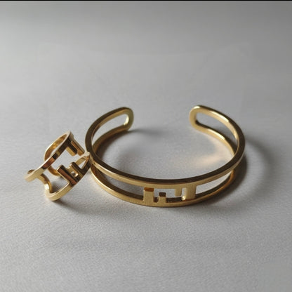 Gold-Finish Metal O'Lock Motif Cuff Bracelet  And Ring S5841893