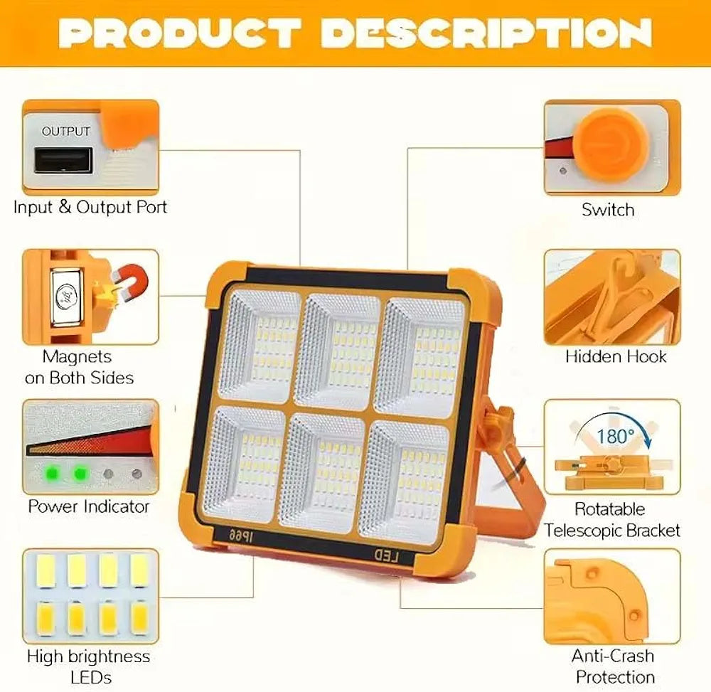 Portable 300W Solar LED Work Light – IP66 Waterproof, USB Rechargeable Floodlight for Outdoor Jobs, Car Repair & Camping
