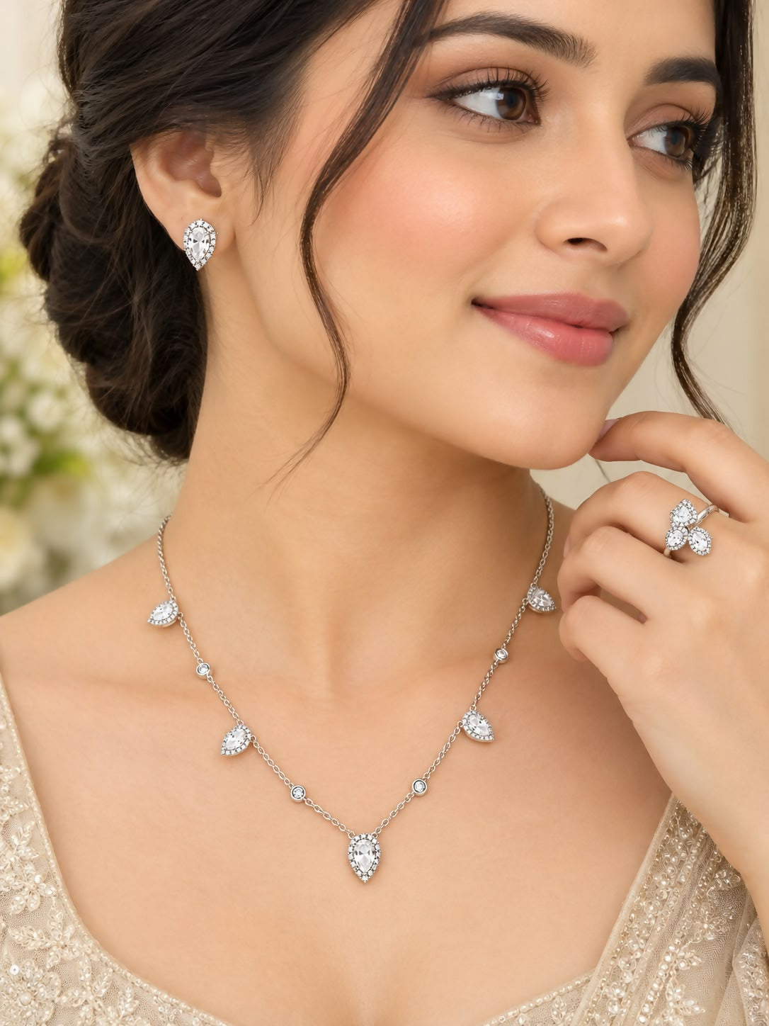 Pear Cut Halo Drop Diamond Jewelry Set